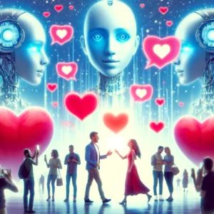DALLE 2024-06-12 162400 - An emotional scene of people falling in love with AI chatbots illustrating the innovation and impact on dating apps with virtual hearts and digital - innovaTopia