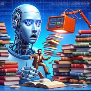 DALLE 2024-06-12 164634 - An illustration of an AI model stealing content from popular books showcasing a shocked researcher and stacks of books being replicated by a machin - innovaTopia