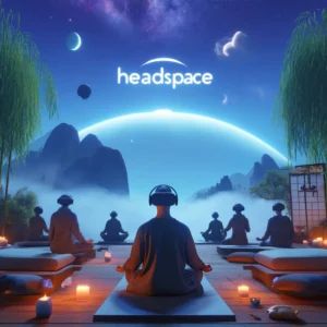DALLE 2024-06-12 164637 - A scene showing Headspace XR offering a revolutionary mindfulness experience in VR with users meditating in immersive tranquil virtual environments - innovaTopia