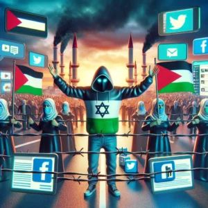 DALLE 2024-06-12 164647 - A controversial scene showing social media platforms blocking Gaza reports and engaging in shadowbanning with users and news content being restrict - innovaTopia