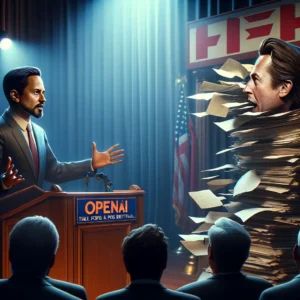 DALLE 2024-06-12 164651 - A dramatic scene depicting a public confrontation between OpenAI and Teslas CEO featuring an open rebuttal and leaked past emails - innovaTopia