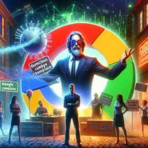 DALLE 2024-06-12 170919 - A dynamic scene featuring Epic Games CEO criticizing Google for malicious compliance with EU market laws with elements of tech and regulation - innovaTopia