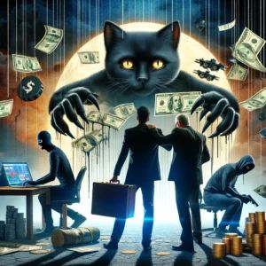 DALLE 2024-06-12 170922 - A dramatic scene depicting the BlackCat scam ceasing operations after stealing million with elements of betrayal and cybercrime - innovaTopia