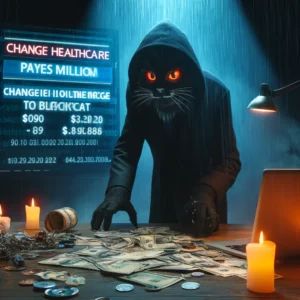 DALLE 2024-06-12 170936 - A dramatic scene showing Change Healthcare paying million to BlackCat with cybercrime and financial elements - innovaTopia