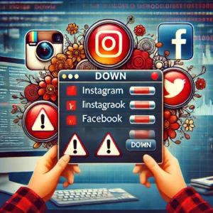 DALLE 2024-06-13 123309 - A digital illustration showing icons of Instagram Facebook and Threads with red warning symbols indicating they are down The background includes a - innovaTopia
