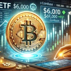 DALLE 2024-06-13 123322 - A digital illustration showing Bitcoin breaking through a 000 mark on a chart with the Coinbase logo prominently displayed The background includ - innovaTopia