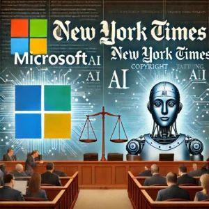 DALLE 2024-06-13 130222 - A digital illustration showing a courtroom scene with Microsoft and New York Times logos on opposing sides symbolizing a copyright battle over AI tra - innovaTopia