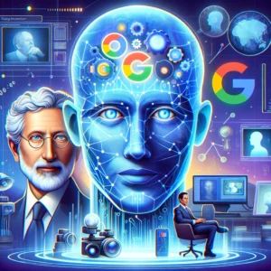 DALLE 2024-06-13 130236 - A digital illustration showing Googles founders with a futuristic AI named Gemini generating images but with noticeable errors or glitches The ba - innovaTopia
