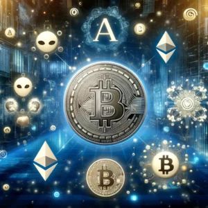 DALLE 2024-06-13 130250 - A digital illustration showing the fusion of AI and cryptocurrency symbolizing the future of financial markets The scene includes AI symbols intertw - innovaTopia