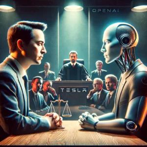 DALLE 2024-06-14 074352 - A dramatic courtroom scene with the Tesla CEO and OpenAI CEO facing each other The background shows a courtroom with a judge presiding and lawyers on - innovaTopia