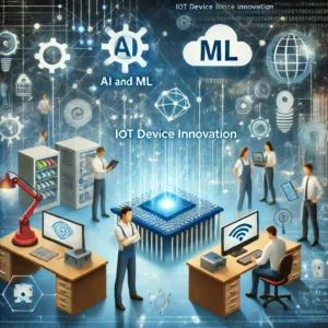 DALLE 2024-06-14 082343 - A scene depicting the integration of AI and ML in IoT device innovation The background features smart devices interconnected with digital data flows - innovaTopia