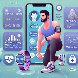 DALLE 2024-06-28 080759 - A health and fitness app interface showing various features like fitness tracking mental care and a personalized plan The background includes eleme - innovaTopia