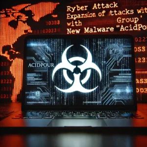 DALLE 2024-06-28 083737 - A cyber attack scene with a dark background featuring a computer with malicious code and the logo of a Russian APT group representing the expansion - innovaTopia
