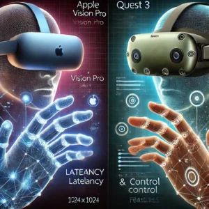 DALLE 2024-06-29 081124 - An illustration of two advanced VR headsets Apple Vision Pro and Quest 3 side by side Hands reaching out with holographic interfaces showing latenc - innovaTopia