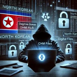 DALLE 2024-06-29 082618 - A dark scene showing a North Korean hacker group symbolized by a shadowy figure targeting sensitive data with CHM files Digital locks and confident - innovaTopia