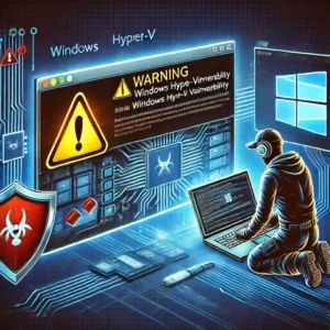 DALLE 2024-06-30 043642 - An illustration of a computer screen displaying a warning about a Windows Hyper-V vulnerability In the foreground a technician is urgently applying - innovaTopia