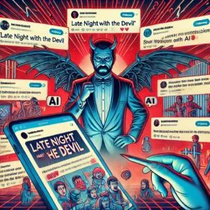 DALLE 2024-07-02 085014 - An illustration showing the controversy around the movie Late Night With the Devil using AI images with social media criticism depicted - innovaTopia
