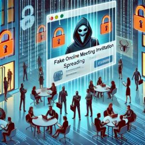 DALLE 2024-07-02 093916 - An illustration showing a fake online meeting invitation spreading malware with companies on high alert - innovaTopia