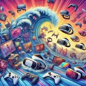 DALLE 2024-07-02 101453 - A wave of various VR headsets each showcasing different VR experiences and games The scene should be dynamic and colorful illustrating the diverse - innovaTopia