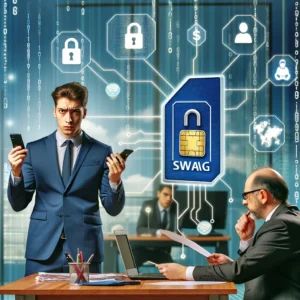 DALLE 2024-07-03 080216 - A communication companys office with a manager admitting to a SIM card swap fraud The background features digital and security elements representin - innovaTopia