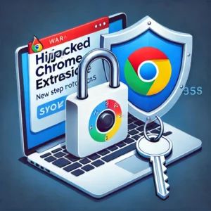 DALLE 2024-07-04 043614 - An illustration warning about hijacked Chrome extensions showing a digital lock and key with Chrome logo and a shield protecting users Emphasize th - innovaTopia