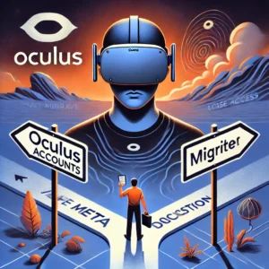 DALLE 2024-07-04 070944 - Meta announces deletion of Oculus accounts users must migrate or lose access The image shows a VR headset with the Oculus logo a warning sign and - innovaTopia