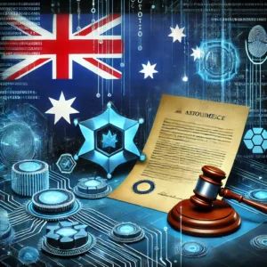 DALLE 2024-07-05 050501 - An illustration of the Australian flag with cybersecurity elements and a legal document representing the announcement of new laws and strategies to e - innovaTopia