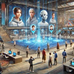 DALLE 2024-07-05 084103 - An illustration of Ubisofts new game NPCs called Neo NPCs with AI conversation capabilities The background shows a futuristic game environment wit - innovaTopia
