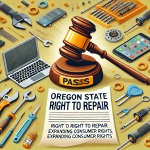 DALLE 2024-07-06 094151 - An image showing Oregon state passing a Right to Repair bill expanding consumer rights Include elements like a gavel electronic devices and repair - innovaTopia