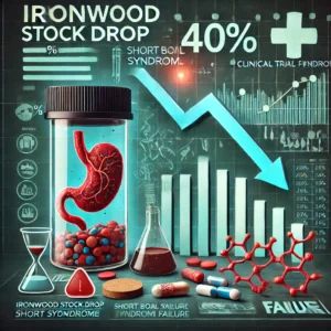 DALLE 2024-07-06 094201 - An image depicting Ironwoods stock plummeting by 40 after the failure of a clinical trial for a short bowel syndrome drug Include elements like sto - innovaTopia