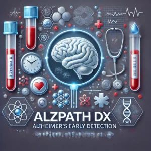DALLE 2024-07-06 094204 - An image showing the announcement of a new blood test ALZpath Dx for early detection of Alzheimers disease in the US Include elements like a blood - innovaTopia