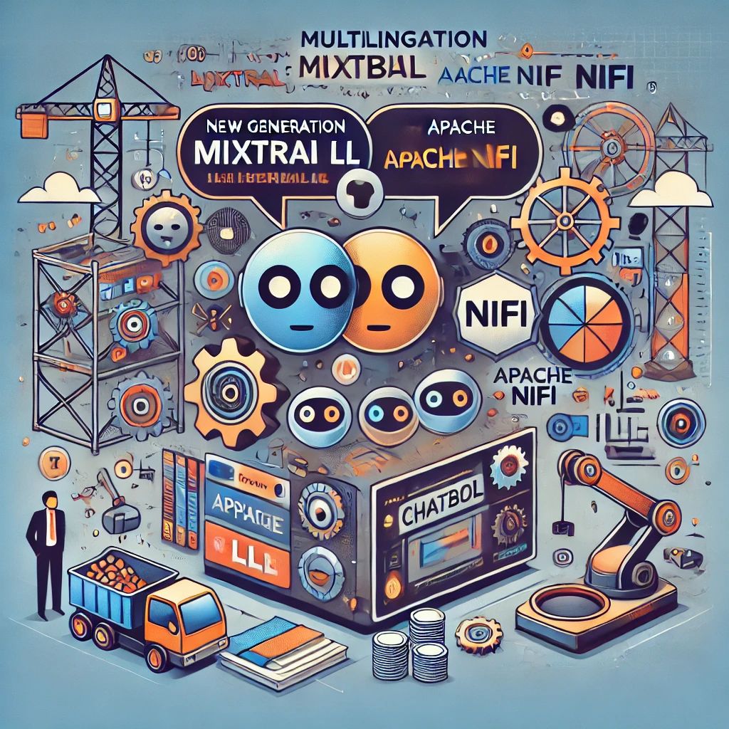 DALLE 2024-07-07 030021 - Illustration showing the construction of multilingual chatbots using the new generation Mixtral LLM and Apache NiFi The image should depict elements - innovaTopia