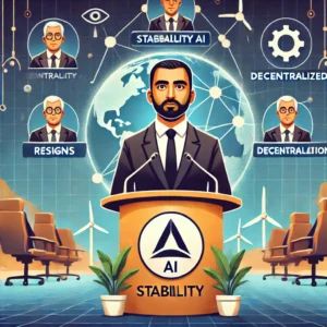 DALLE 2024-07-08 041839 - An illustration of Stability AI CEO Emad Mostaque resigning and steering the company towards decentralized AI The scene shows Emad Mostaque making an - innovaTopia