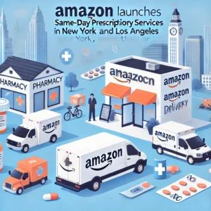 DALLE 2024-07-08 120036 - An illustration of Amazon launching same-day prescription delivery services in New York and Los Angeles with plans for national expansion by the end - innovaTopia