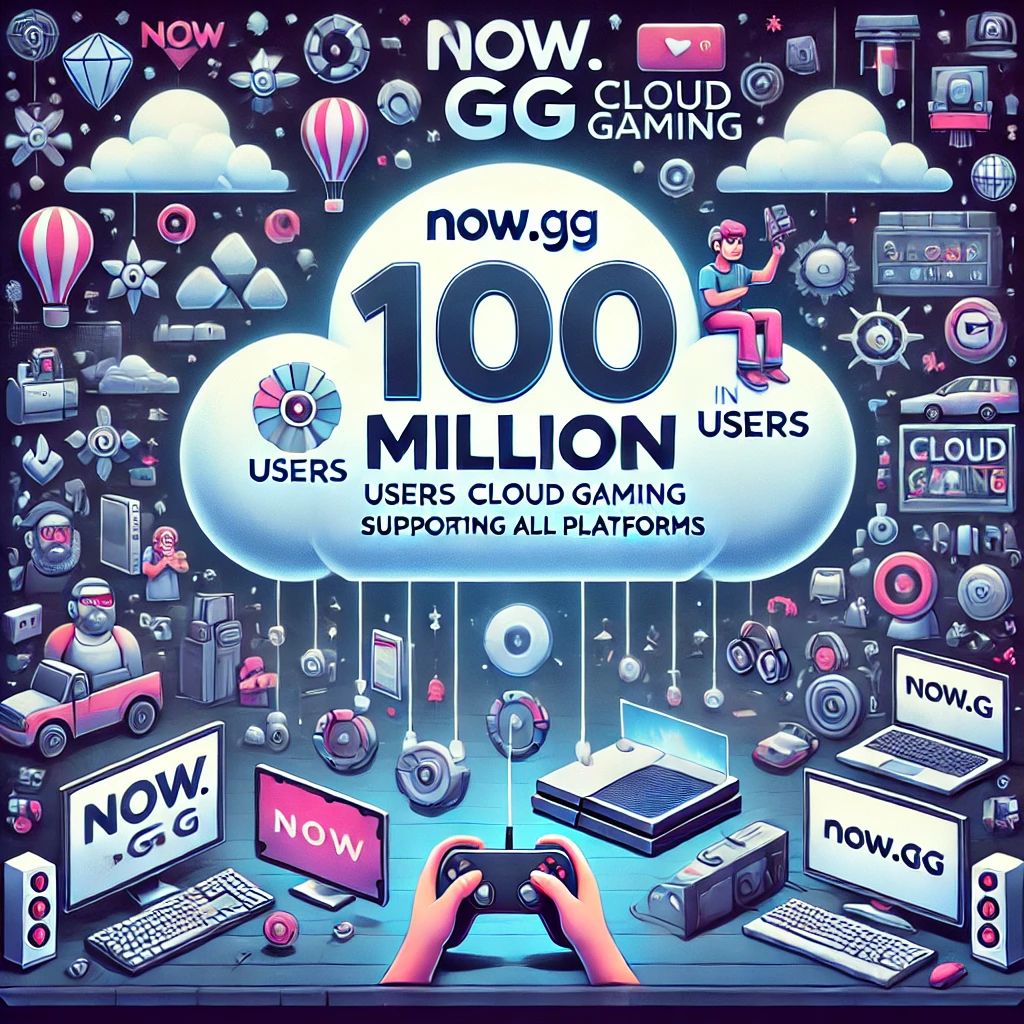 DALLE 2024-07-08 121855 - An illustration of Nowgg reaching 100 million users in cloud gaming supporting all platforms The scene includes a cloud various gaming devices an - innovaTopia
