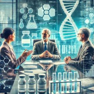 DALLE 2024-07-13 071953 - A pharmaceutical company scene with a focus on a serious meeting Key figures from Bristol Myers Squibb discussing the reevaluation of a crucial cance - innovaTopia