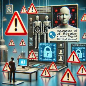 DALLE 2024-09-12 051207 - A digital illustration showing an AI image generation tool interface with warning pop-ups and red alert symbols indicating inappropriate content bein - innovaTopia