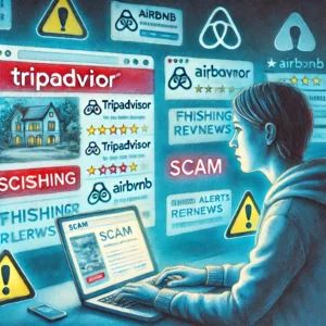 DALLE 2024-09-17 060145 - Watercolor painting of an online scam warning interface with a fake Tripadvisor website on the screen In the background an Airbnb user is shown on - innovaTopia