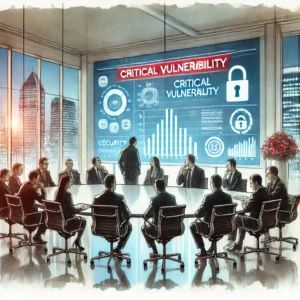DALLE 2024-09-17 060208 - Watercolor painting of a tech conference room with executives discussing an urgent security breach In the foreground a large screen shows graphs and - innovaTopia