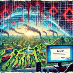 DALLE 2024-09-17 061819 - Watercolor painting of a massive multiplayer gaming environment with Minecraft under a DDoS attack In the foreground a computer screen displays an e - innovaTopia