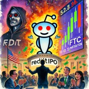 DALLE 2024-09-19 055515 - A vibrant watercolor painting depicting Reddits stock price soaring post-IPO with a tense backdrop of FTC investigation In the foreground investor - innovaTopia