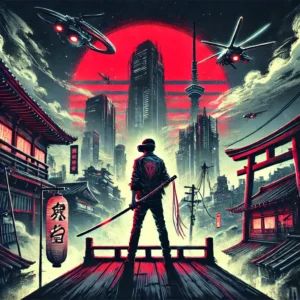 DALLE 2024-09-20 060837 - A dramatic illustration of a dystopian Japanese cityscape with a lone figure in a VR headset holding a futuristic sword The city is partially destroy - innovaTopia
