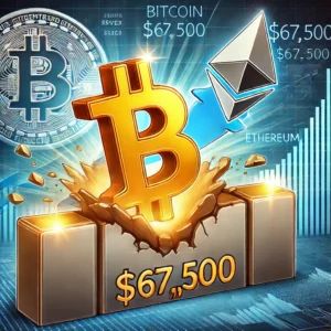 DALLE 2024-09-25 072234 - An illustration of a golden Bitcoin symbol breaking through a silver barrier labeled 500 with the silver barrier representing the silver market - innovaTopia