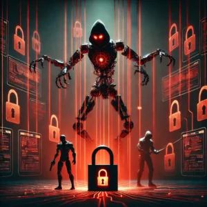 DALLE 2024-09-27 062744 - A symbolic illustration representing the threat of advanced malware tools in the cybercrime world In the center a robotic figure symbolizing the ma - innovaTopia