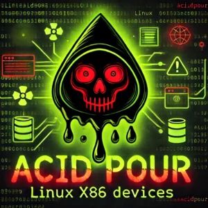 DALLE 2024-09-27 065011 - An image representing a malware threat to Linux x86 devices featuring a menacing digital acid drop dissolving data icons with the text AcidPour Th - innovaTopia