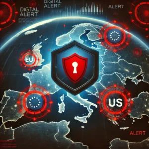 DALLE 2024-09-27 065029 - An image depicting a digital shield with red alert symbols targeting the EU and US maps The background should have dark tones with blue and red accen - innovaTopia