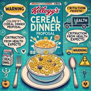 DALLE 2024-10-03 073710 - An image of Kelloggs CEOs cereal dinner proposal highlighting the criticism from health experts The image features a bowl of cereal with a dinner - innovaTopia