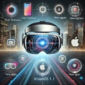 DALLE 2024-10-04 070008 - A modern tech illustration showcasing Apple Vision Pros new update with visionOS 11 The image features the Vision Pro headset at the center surrou - innovaTopia