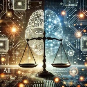 DALLE 2024-10-08 061039 - An abstract illustration representing a legal conflict over AI development The image features the scales of justice balanced against digital represen - innovaTopia