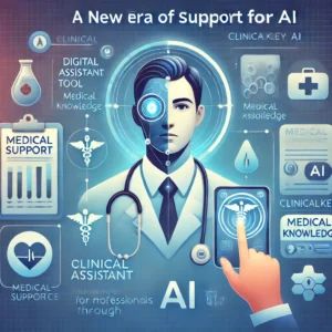 DALLE 2024-10-08 061116 - An illustration representing a new era of support for medical professionals through AI Show a digital assistant tool like ClinicalKey AI helping a - innovaTopia